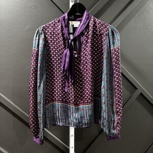 Vintage The Silk Farm ICINOO Silk Blouse Size 6 Purple Blue Tie Neck Print